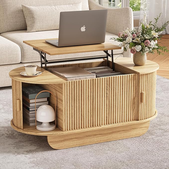 Lift Top Coffee Table with Storage,Oval Wood Coffee Table with Sliding Doors & Hidden Compartment, Fluted Center Table for Home,Living Room,Office, Natural-Ruum Studio Home