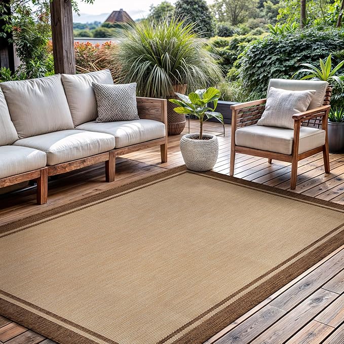 CAMILSON Outdoor Rug 9x12 Bordered Natural Brown Modern Area Rugs for Indoor and Outdoor Patios, Kitchen and Hallway Mats, Washable Porch Deck Outside Carpet (Border Jute, 9 x 12)-Ruum Studio Home