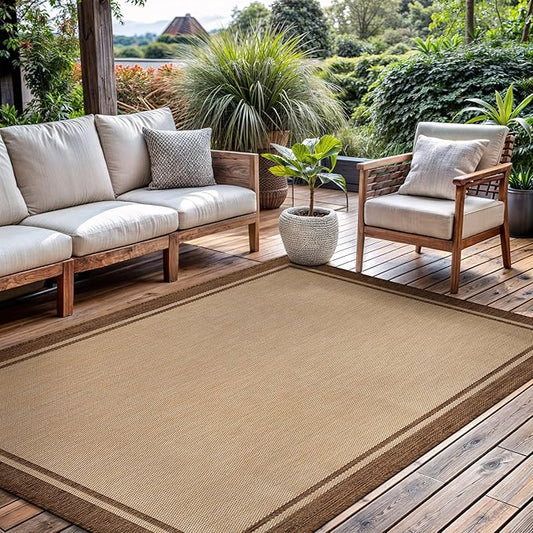 CAMILSON Outdoor Rug 6x9 Bordered Natural Brown Modern Area Rugs for Indoor and Outdoor Patios, Kitchen and Hallway Mats, Washable Porch Deck Outside Carpet (Border Jute, 6 x 9)-Ruum Studio Home