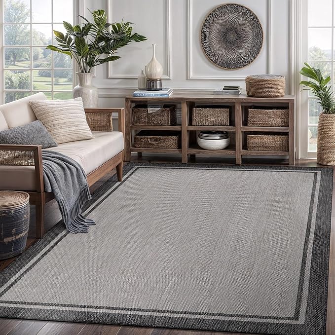 CAMILSON Indoor Outdoor Rug, 6x9 Bordered Gray Modern Area Rugs for Indoor and Outdoor Patios, Kitchen and Hallway Mats, Washable Porch Deck Outside Carpet (Bordered Grey, 6 x 9)-Ruum Studio Home