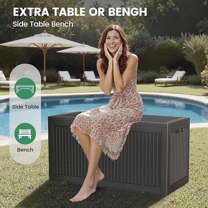 100 Gallon Storage Box, Waterproof Resin Deck Box with Hydraulic Piston Design, Lockable Storage Bench for Package Delivery, Storage Bin for Patio Cushions, Garden Tools, Black-Ruum Studio Home
