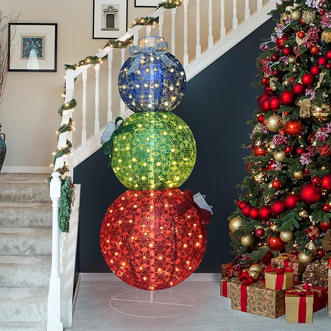 5FT Lighted Pop Up Stackable Ornaments for Christmas Decoration, 3D Pre-Lit Decor with 210 LED Lights with Easy Pop-Up Design, Freestanding Glittered Holiday Display for Outdoor, Indoor-Ruum Studio Home