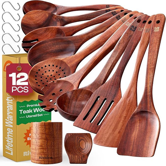 Riveira Dark Teak Kitchen Utensils Set - 12-Piece Non-Toxic Cooking Utensils Set - Wooden Spoons for Cooking - Spatula for Cooking - Teak Wooden Utensils-Ruum Studio Home