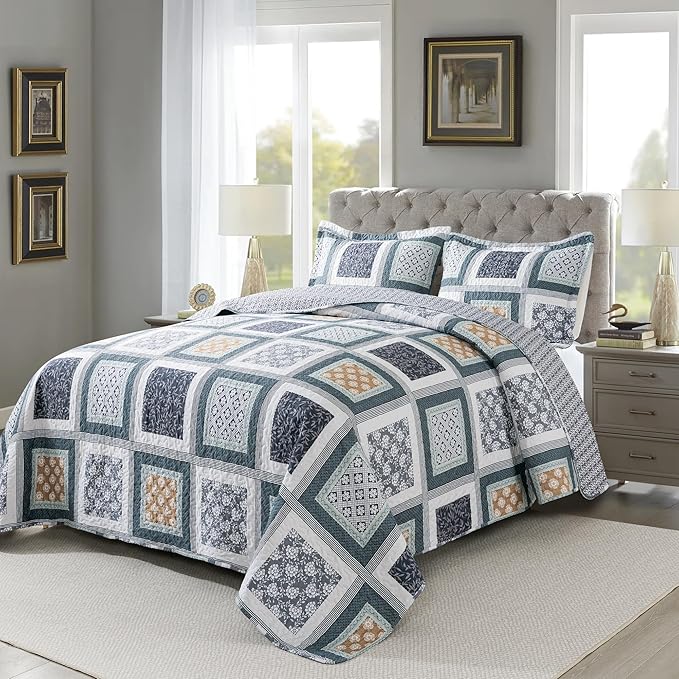 NEWLAKE Quilt Bedspread Sets - Bohemian Farmhouse Pattern Reversible Coverlet Set, Queen Size-Ruum Studio Home