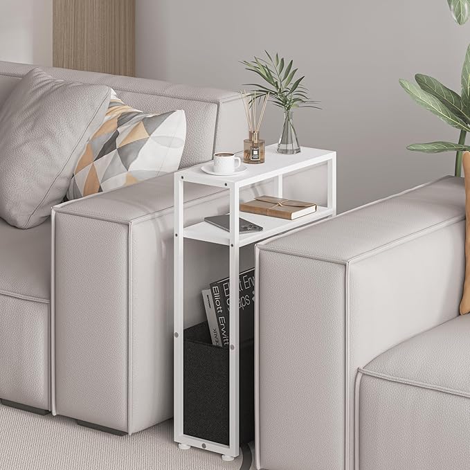 Narrow Side Table, Slim End Tables with Fabric Basket, Skinny Table for Small Spaces, Thin Bedside Table for Living Room, Bedroom, White, ZBZ01-Ruum Studio Home