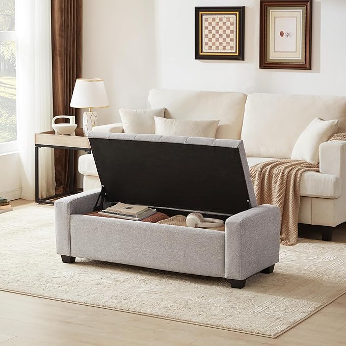 48" Ottoman with Storage, Storage Ottoman Bench with Safety Hinge, Upholstered Entryway Bench with Seating for Bedroom, Living Room, Holds up to 330 lb(Light Gray)-Ruum Studio Home