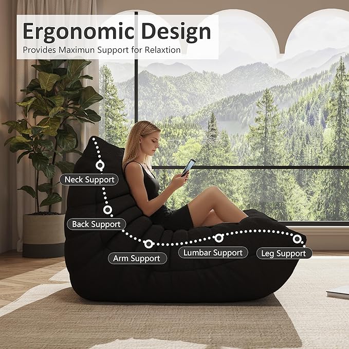 Bean Bag Chair, Oversized Bean Bag Chair for living Room, Fireside Chair for adults with Memory Foam Filled, Big Accent Sofa Lounge Floor Sofa for Gaming, Reading, Relax, No Assembly Required. (Black)-Ruum Studio Home