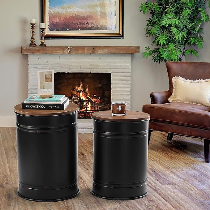 Rustic Storage Ottoman Seat Stool, Farmhouse Accent Side Table, Antique Galvanized Metal End Table Box Bin with Round Wooden Lid Set of 2 (Black)-Ruum Studio Home