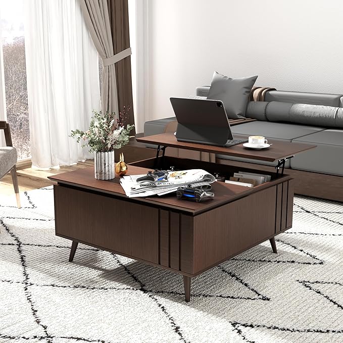 36.2" Lift Top Coffee Table with Storage, Large Square Coffee Tables with Hidden Compartment, Mid Century Modern Center Table for Home Office,Living Room,Dark Walnut-Ruum Studio Home