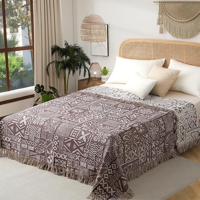 Boho Throw Blanket Full Size, Extra Large Soft Cozy Cotton Muslin Quilt Blanket for Bed Decor, Patchwork Block Couch Sofa Chair Cover, Vintage Farmhouse Cottage Woven Blanket, Brown&White-Ruum Studio Home