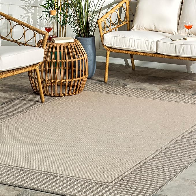 nuLOOM 5' x 8' Outdoor Area Rug, Casual Design With Striped Border, Stain Resistant, Highly Durable, For Patio, Balcony, Bedroom, Living Room, Dining Room, Bathroom, Light Grey-Ruum Studio Home