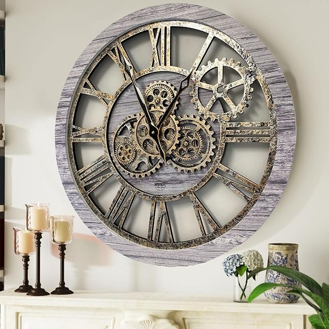 The Gears Clock The Original Real Moving Gear Wall Clock Vintage Industrial Oversized Rustic Farmhouse (24 inch (60cm),Silver Grey)-Ruum Studio Home