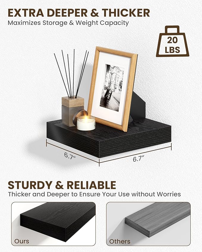 Marsmiles 6.7" Floating Shelves for Wall, Wooden Shelves with Invisible Brackets Set of 2, Rustic Farmhouse Wall Mounted Shelf for Kitchen Bathroom Living Room Study, Black-Ruum Studio Home