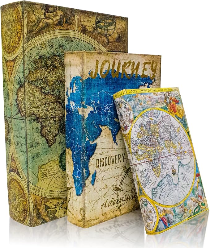 Decorative Book Box Set of 3, Fake Book Trinket Keepsake Storage Boxes with Ancient World Map Pattern, Graduation Gift-Ruum Studio Home