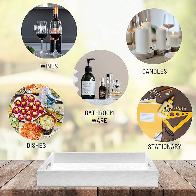 Wood Serving Tray with Handles, Home Decorative Wooden Rectangle Ottoman Decor Platter Vanity Tray for Breakfast Dinner Drinks Kitchen Dining Living Bathroom Restaurants White-Ruum Studio Home