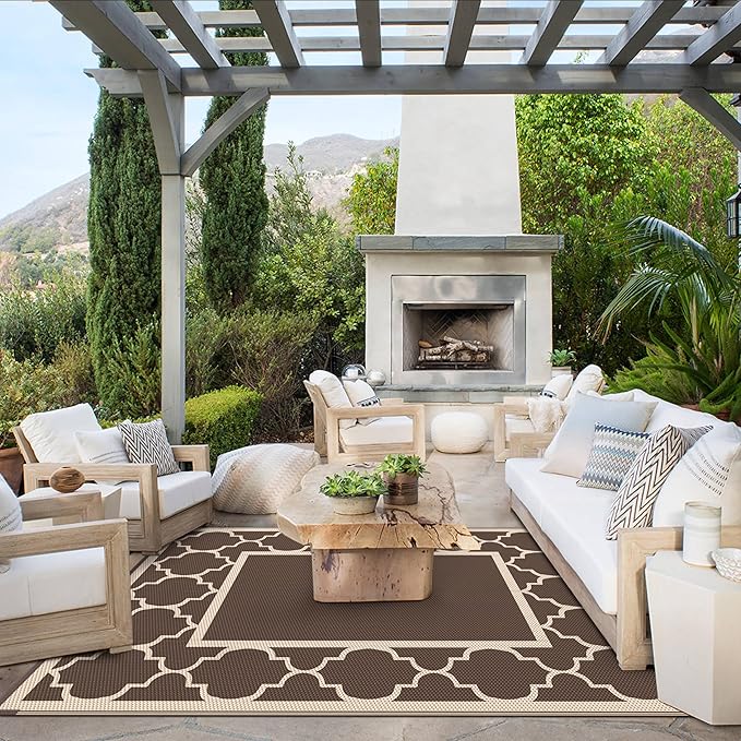 GENIMO 9' x 12' Outdoor Rug Waterproof for Patio Decor, Foldable Reversible Plastic Straw Area Rugs Mat for Camper, Outside Carpet for Rv, Deck, Porch, Picnic, Beach, Balcony, Coffee & Beige-Ruum Studio Home