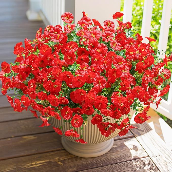 Artificial Flowers for Outdoors Fake Plants Outside Decoration, 12 Bundles Silk Red Morning Glory UV Resistant Look Real Faux Flowers for Planter Front Door Porch Patio Yard Gardens Balcony-Ruum Studio Home