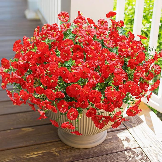 Artificial Flowers for Outdoors Fake Plants Outside Decoration, 12 Bundles Silk Red Morning Glory UV Resistant Look Real Faux Flowers for Planter Front Door Porch Patio Yard Gardens Balcony-Ruum Studio Home