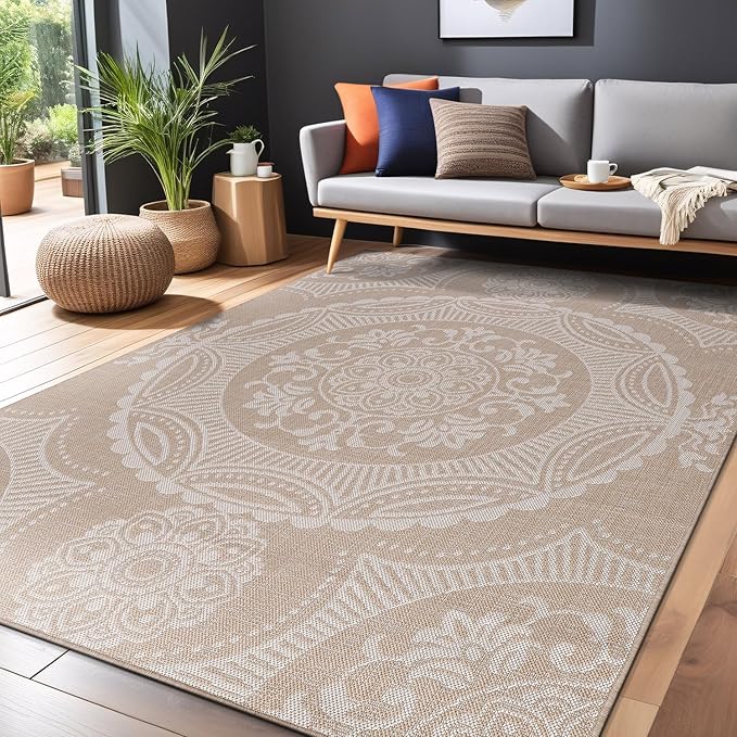 Medallion Outdoor Rug 9x12 Washable Outside Carpet for Indoor Patio Porch Waterproof Easy Cleaning Non Shedding Area Rugs Beige 9 x 12-Ruum Studio Home