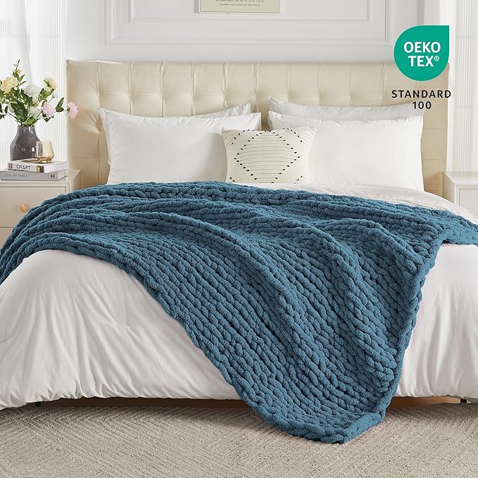 Carriediosa Chunky Knit Throw Blanket 60" X 80" Twin, 100% Hand Made Large Chenille Loop Yarn Soft Fluffy Throws for Couch Sofa Bed, Big Crochet Cozy Heavy Thick Cable Woven Blankets, Lyons Blue-Ruum Studio Home
