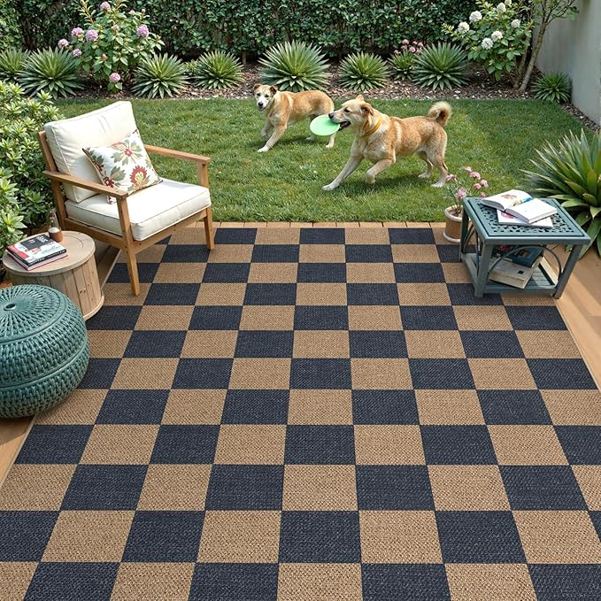 Lahome Checkered Easy Jute Living Room Rugs, 5x7 Dining Room Office Rug Farmhouse Outdoor Patio Carpet, Checkerboard Washable Non Slip Indoor Outdoor Blue Carpet for Backyard Entry Deck-Ruum Studio Home