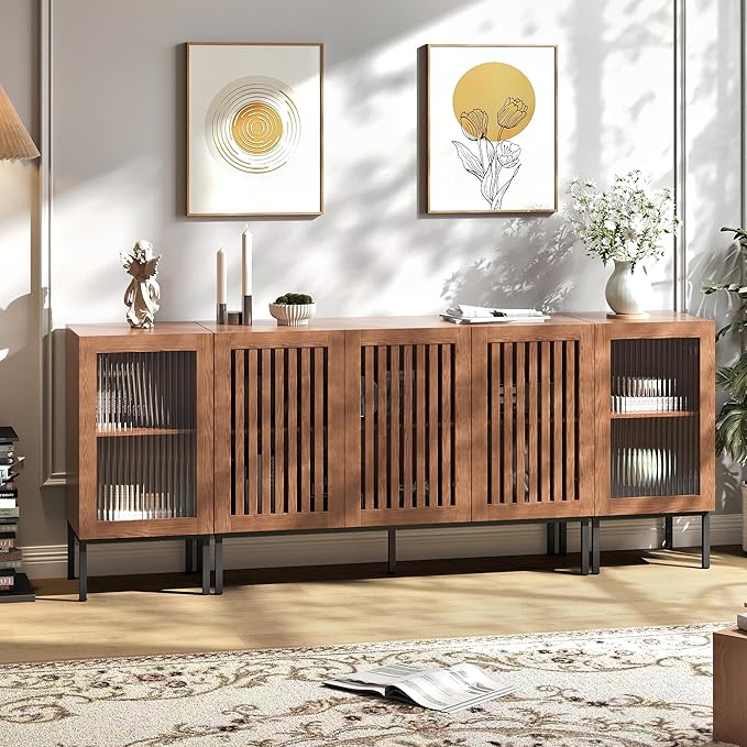 Farmhouse TV Stand for TVs up to 85 Inch, Entertainment Center TV Console with Storage Cabinets and Glass Doors,Media Console for Living Room, Brown-Ruum Studio Home