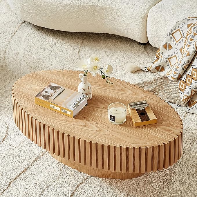 Oval Coffee Table for Living Room, Modern Fluted Coffee Tables with Pedestal Base, Handcrafted Centre Tea Tables Easy Assembly-43.7" Natural-Ruum Studio Home