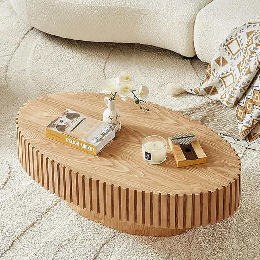 Oval Coffee Table for Living Room, Modern Fluted Coffee Tables with Pedestal Base, Handcrafted Centre Tea Tables Easy Assembly-43.7" Natural-Ruum Studio Home