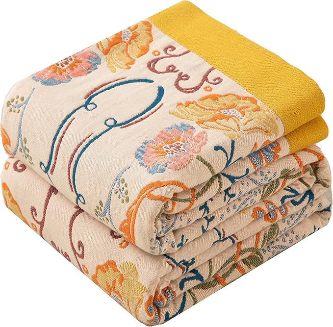 Boho Throw Blanket Twin Size, Soft Cozy Cotton Muslin Quilt Blanket for Bed Decor, Floral Patterned Couch Sofa Chair Cover, Vintage Farmhouse Cottage Tapestry Woven Blanket, Yellow&Blue-Ruum Studio Home