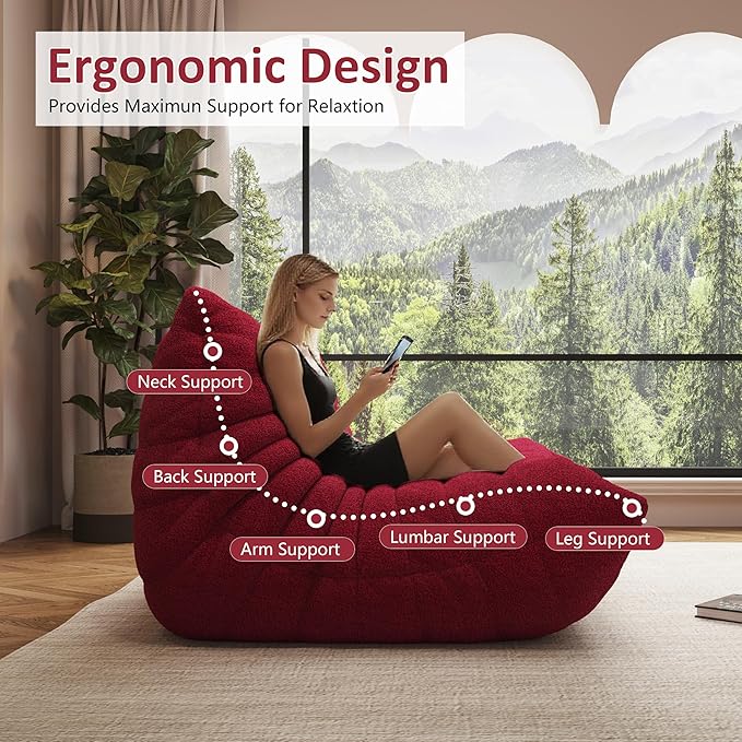 Bean Bag Chair, Oversized Loveseat Fireside Chair for Adults, 2 Seater with Memory Foam Filled, Lazy Sofa Lounge Floor Sofa for Living Room, Bedroom, Office, No Assembly Required. (Burgundy)-Ruum Studio Home