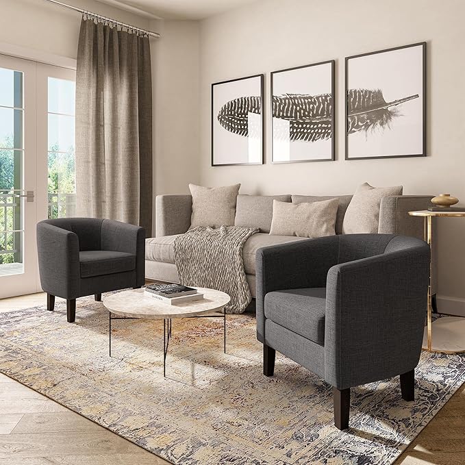 BELLEZE Living Room Chairs Set of 2, Linen Round Accent Barrel Chairs, Club Tub Sofa Chairs for Bedroom, Corner Chairs with Flared Legs and Cozy Soft Padding - Highland (Gray)-Ruum Studio Home