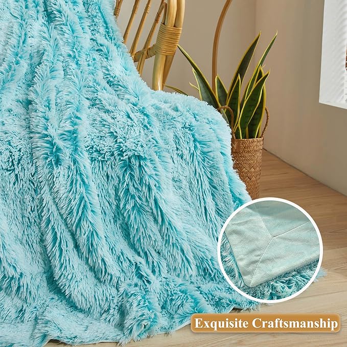 XeGe Plush Faux Fur Throw, Aqua Comfy 50x60 Fuzzy Blanket, Luxury Boho Lightweight Couch Throw, Autumn Ultra Soft Fluffy Shaggy Lap Blanket for Couch Bed Sofa Chair Ombre Aqua Green-Ruum Studio Home