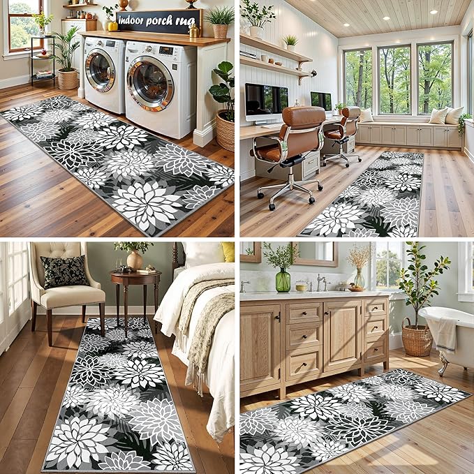 Area Rug 2x6 Black White Washable Entry Rug Multicolored Tropical Botanical Modern Floral Indoor Kitchen Door Mat Entrance Carpet Non Slip for Bedroom Living Room, Porch-Ruum Studio Home