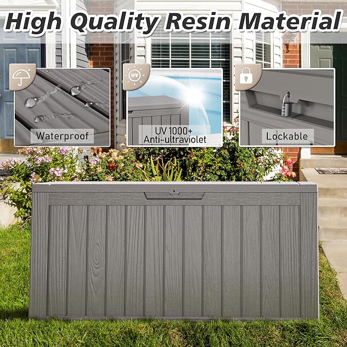 KAMABOKO Deck Box, 75 Gallon Resin Indoor and Outdoor Storage Boxes Waterproof for Garden Tools, Pool Accessories Storage Bench, Patio Furniture and Cushions with Lockable Lid, Grey-Ruum Studio Home