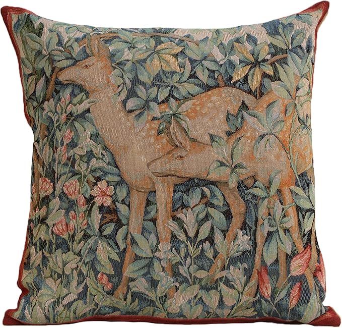 Charlotte Home Furnishings Decorative Tapestry Pillow Cover 19x19 in, Green Does Couch Throw Pillow Cover, French Country Square Cushion Cases for Living Room Home Decor, Soft Cotton Jacquard Woven-Ruum Studio Home
