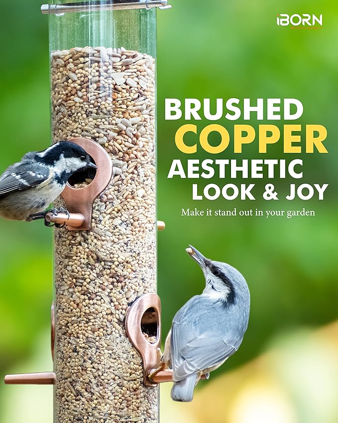 iBorn Metal Bird Feeders Brushed Copper Wild Bird Feeder for Outdoors Hanging All Metal Brushed Copper Finishing 14 Inch 6 Port(Seed is not Included)-Ruum Studio Home