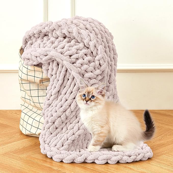 Admitrack Chunky Knit Blanket Throw, 100% Hand Knit Chenille Throw Blanket for Sofa & Home Decor, Soft and Cozy Knitted Throw Blankets (Pink，51"x63")-Ruum Studio Home