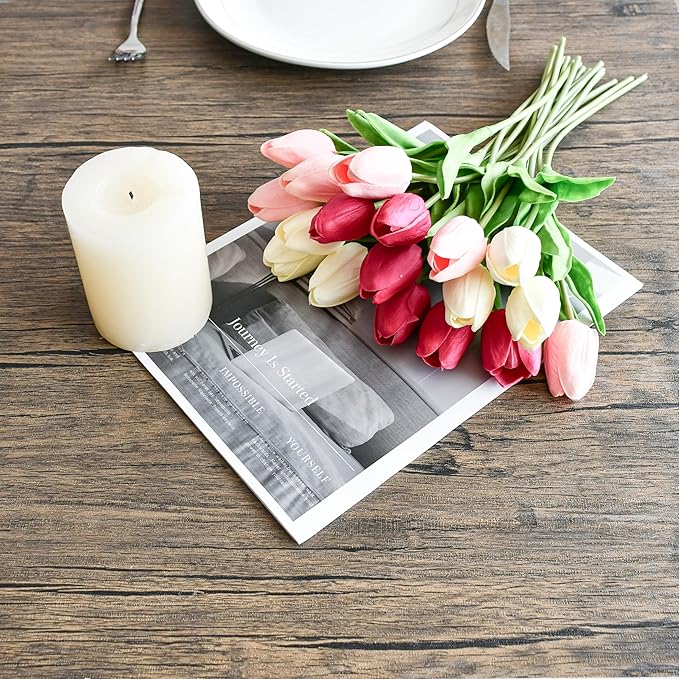 Mandy's Artificial Tulips 20 Stems Shades of Pink PU Faux Flowers for Wedding Home Decor 13.5 Inch-Ruum Studio Home