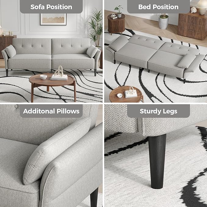 89” Futon Sofa Bed, Linen Comfy Futon Couch Bed with 2 Square Pillows, Convertible Sleeper Sofa with Adjustable Backrest& Armrests, Modern Loveseat Sleeper for Living Room, Bedroom, Light Gray-Ruum Studio Home