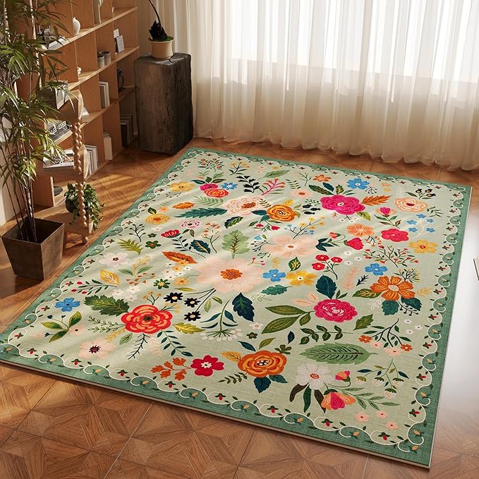 Area Rug 4x6 Rug Washable Boho Rugs Non Slip Low Pile Floral Small Carpet for Bedroom, Bedside, Kids Room, Office, Dining Room(Green)-Ruum Studio Home