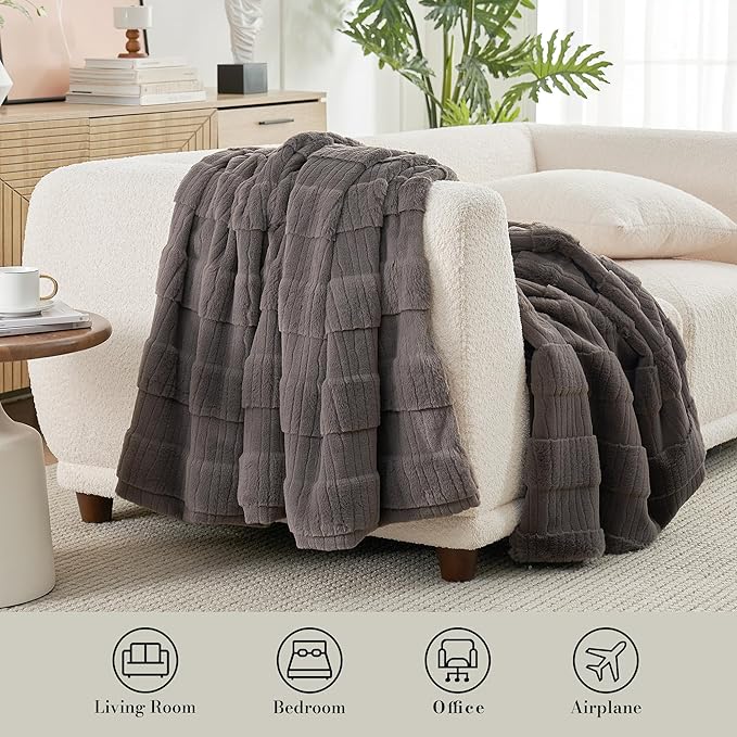 Amélie Home Luxury Striped Faux Fur Throw Blanket for Couch, Embossed Split Fur Cozy Fuzzy Fluffy Luxurious Soft Plush Sofa Chair Bed Gift Blankets for Women Men Wife Friend, 60"x80", Charcoal Gray-Ruum Studio Home