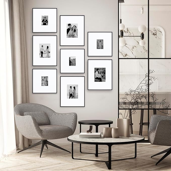 Camden Reed Arcadia 8 Piece Oversized Gallery Wall Frame, 16x20 and 16x16 Inch Matted Frames for Featuring 8x10 and 5x7 Inch Photographs or Art Prints, Black Finish-Ruum Studio Home