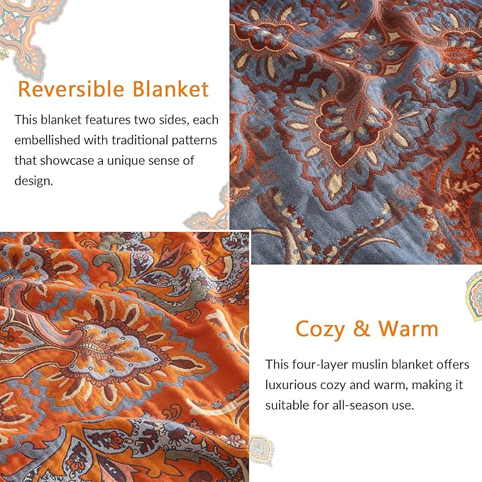 Boho Throw Blanket for Couch Sofa Bed, 100% Cotton Woven Quilt with Tassel 60”x80”, Super Soft Muslin Blanket with Oriental Universe Printed, Decorative Reversible Bed Blanket/Cover for All Seasons-Ruum Studio Home