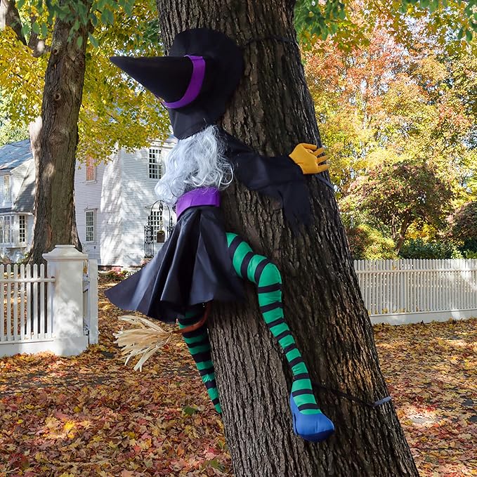 POPGIFTU 63" Crashing Witch Halloween Decoration – Flying Witch on Broom Into Tree Outdoor Yard Prop for Porch, Lawn, Garden, Pillars, Door, or Haunted House Decor-Ruum Studio Home