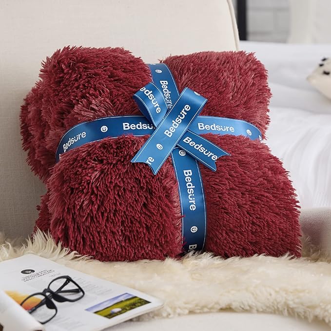 Bedsure GentleSoft Fluffy Burgundy Red Blankets Queen Size for Bed, Thick Sherpa Faux Fur Fleece Fuzzy Plush Winter Warm Soft Full Queen Blankets, Bedroom Decor Red Cozy Gifts for Women Men, 90x90-Ruum Studio Home
