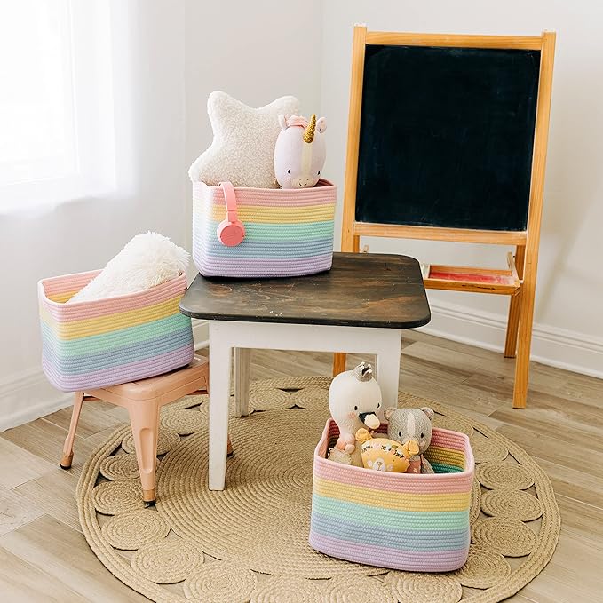 OrganiHaus Set of 3 Rainbow Woven Storage Baskets for Organizing, Cotton Rope Organizer Bins for Shelves, Closet & Nursery, Dog Toy Basket, Decorative Bins for Toys, Towels & Books - 15x10x9-Ruum Studio Home