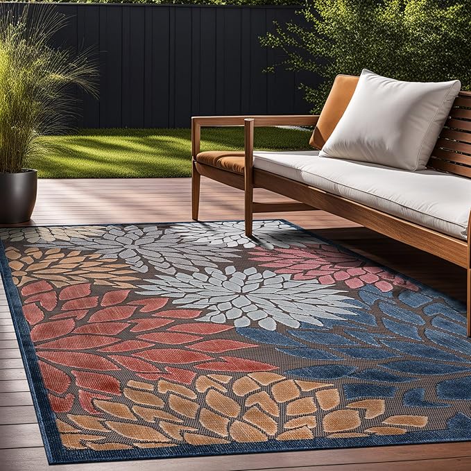 Beverly Rug Outdoor Rug 9x12 Large Modern Floral Tropical Area Rugs for Indoor and Outdoor Patio Easy to Clean Non Shedding Living Room Porch Garden Washable Outside Carpet (9 x 12 Brown)-Ruum Studio Home