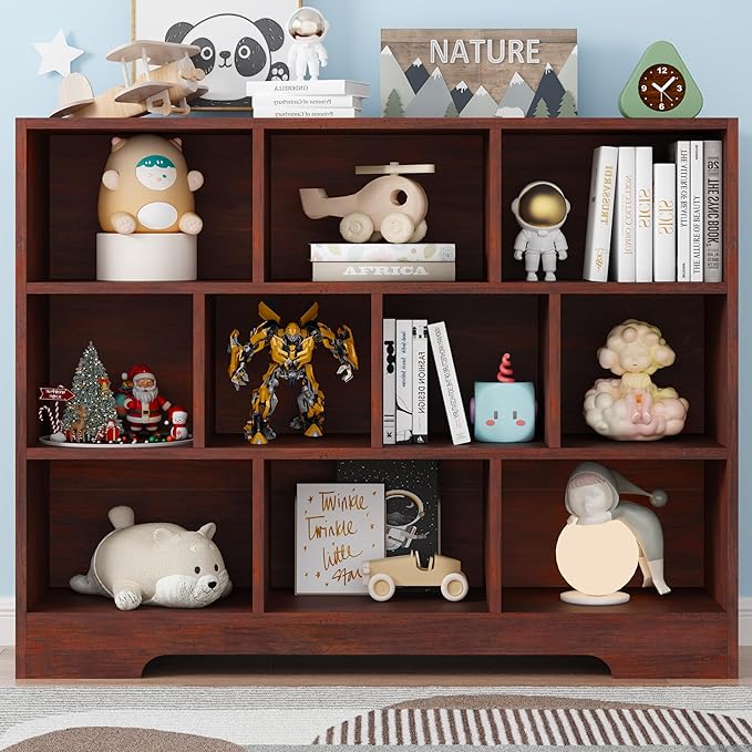 Book Shelf Set of 2, 10 Cubes Storage Organizer, 3-Tier Open Bookshelf Wooden Bookcase, Freestanding Cherry Bookshelf Cube Shelf for Living Room-Ruum Studio Home