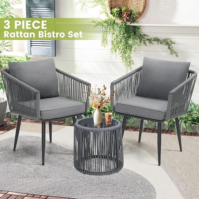 Kromax 3 Pieces Patio Rattan Bistro Conversation Set, Outdoor All-Weather Wicker Furniture Chairs and Side Table Set Ideal for Balcony, Porch and Backyard, Grey-Ruum Studio Home