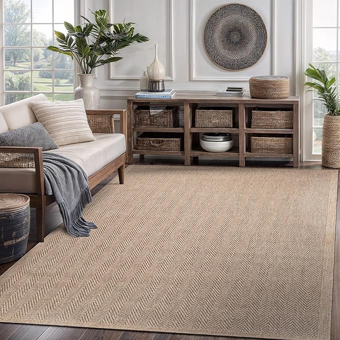 CAMILSON Easy Jute Rug 5x7, Indoor Outdoor Natural Color Fiber Area Rugs for Living Room Patio and Kitchen Rug Herringbone Seagrass Woven Design Easy-Cleaning Washable Outside Carpet Alfombras 5 x 7-Ruum Studio Home
